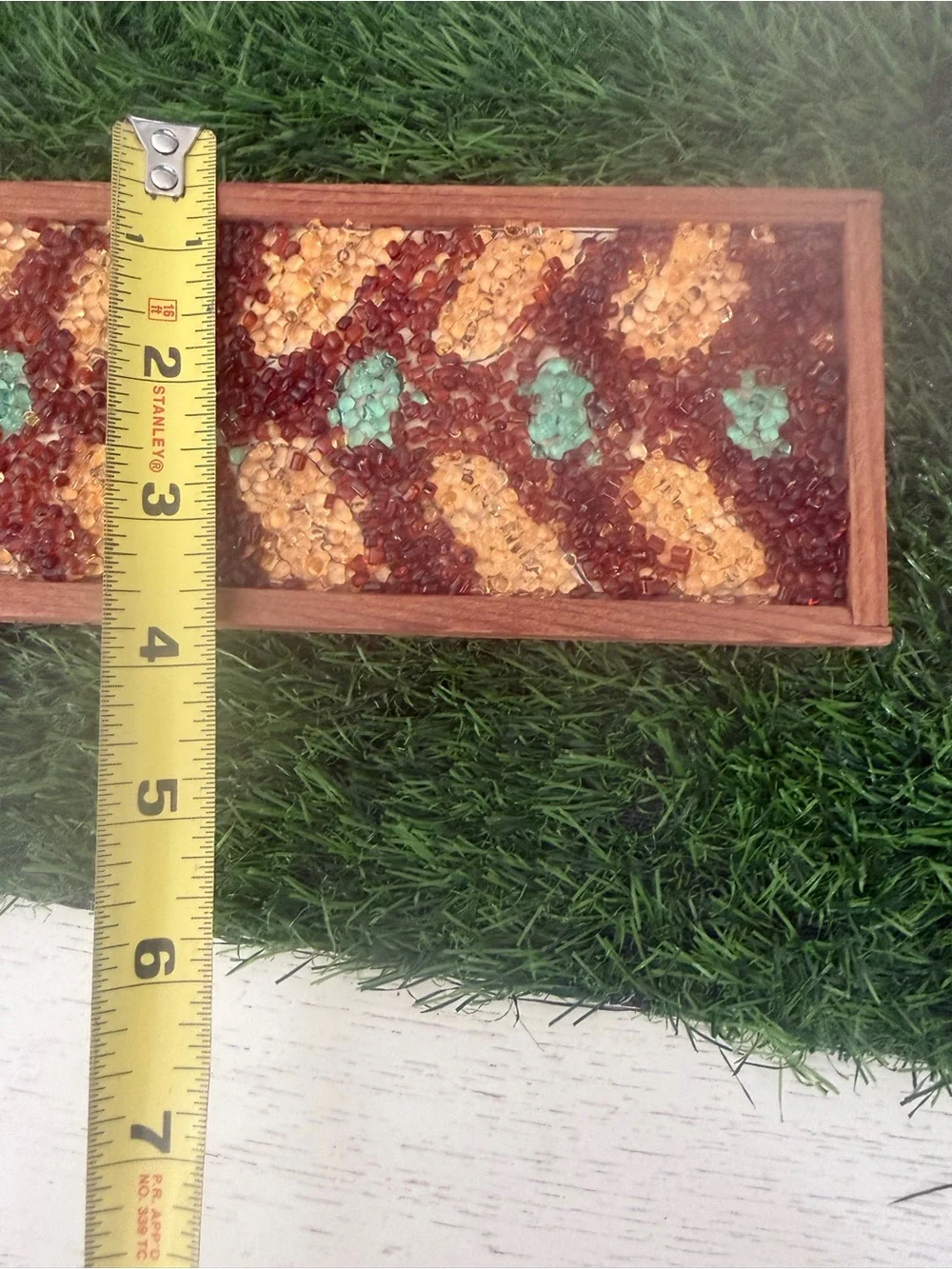 Vintage Beaded Mosaic Wood Trinket Box  in Browns & Turquoise Color